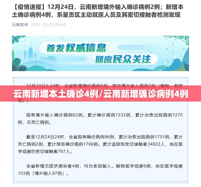 云南新增本土确诊4例/云南新增确诊病例4例 云南新增本土确诊4例/云南新增确诊病例4例